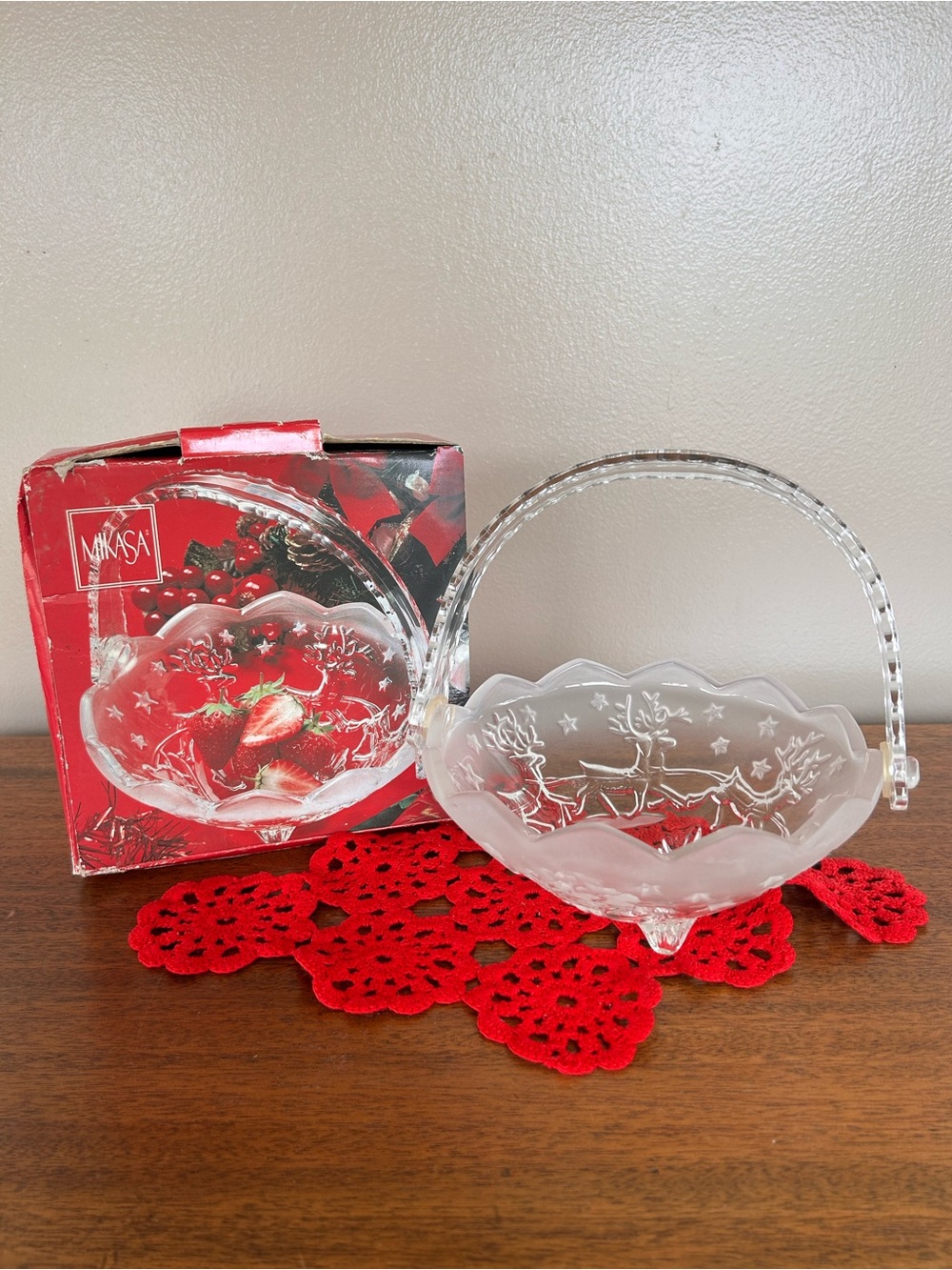 New Old Stock Mikasa “Silent Night” Glass Footed Basket w/Handle made in Germany